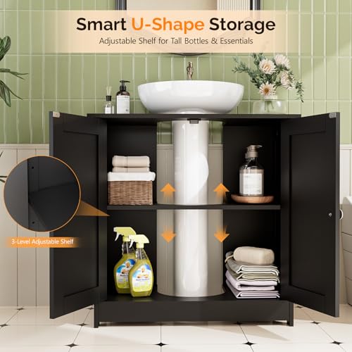 Bonnlo Pedestal Sink Storage Cabinet, 24" Black Under Sink Bathroom Storage Cabinet with 2 Doors and Adjustable Shelf, Traditional Bathroom Space Saver Organizer for Small Spaces, Water-Resistant - color: Black