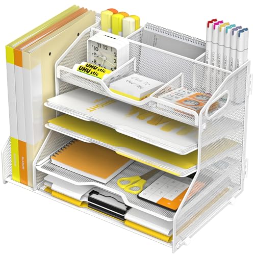 YINGHUA 5 Tier Paper Tray Letter Organizer with Top 6 Adjustable Compartments and File Holder - Paper Sorter Office Desktop Accessories with Handles for Document,Mail,School Supplies Storage,White - color: 5 Tier With File Holder-white