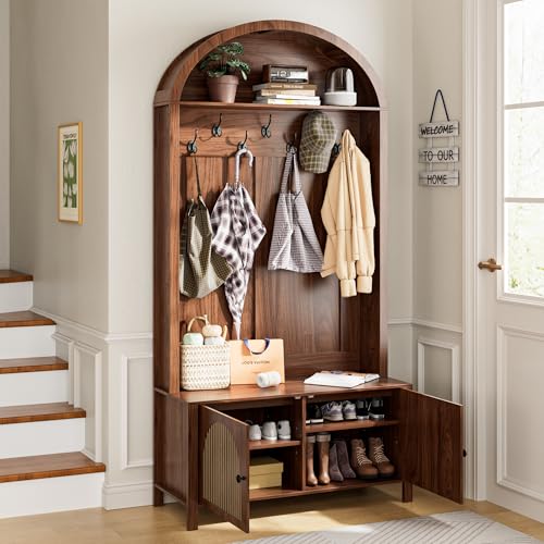 Hall Tree with Bench and Shoe Storage, Entryway Storage Bench with Coat Rack, 78.74" Coat Rack with 7 Hooks and Adjustable Shelves, Farmhouse Style Furniture Organizer for Hallway (Walnut, 78.74"H) - size: 78.74"H