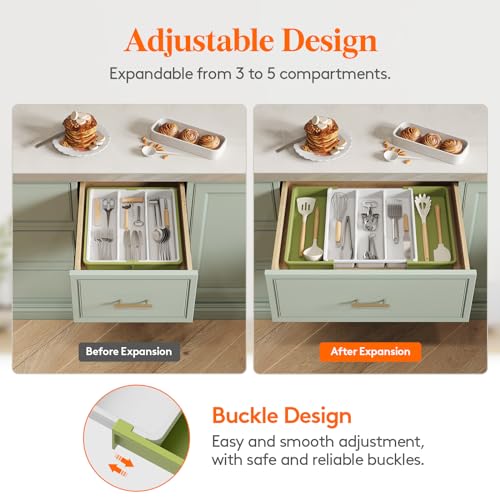 Lifewit Utensil Organizer for Kitchen Drawers, Expandable Cooking Utensil Tray, Adjustable Cutlery Silverware Flatware Holder, Plastic Spatula Tools Storage Divider, 13-22 x 15", Green&White - color: Green&White, size: Large(13-22''W x 15"D)