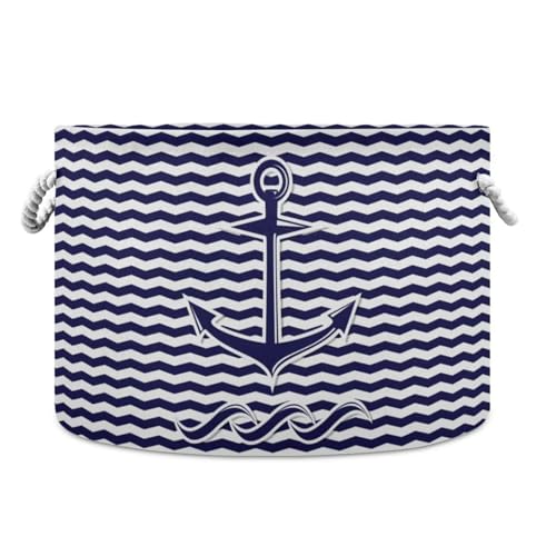 Blue Nautical Anchors Print Round Storage Basket Marine Anchor Waves Stripes 20" x 20" x 14" Laundry Hamper Large Organizer Bin with Handles Clothes Storage Bag for Nursery Bedroom Living Room Decor - color: Blue