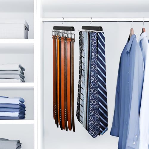 2 Pack Tie Rack & Belt Hanger 2 in 1 Tie Hanger Space Saving Max 42 Belts& 60 Ties Capacity for Closet Organizers and Storage, Sturdy Wood Belt & Tie Collection Organizer - color: Black