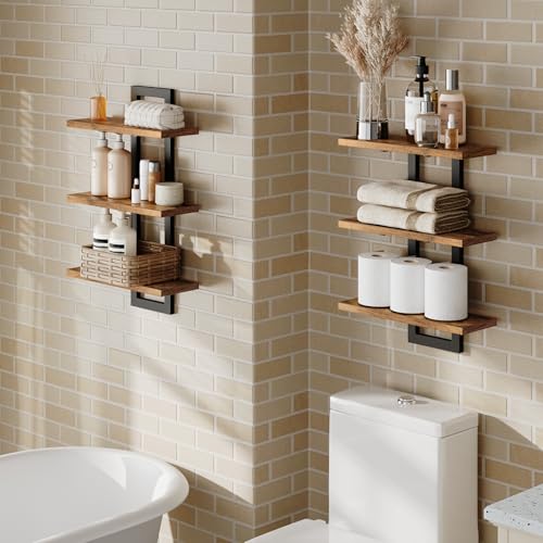 HOOBRO Floating Shelves, Set of 2 Wall Shelves, 3-Tier Wall Mounted Storage Shelves, Hanging Bathroom Shelves, for Living Room, Bedroom, Bathroom, Kitchen, Rustic Brown and Black BF31BJP201