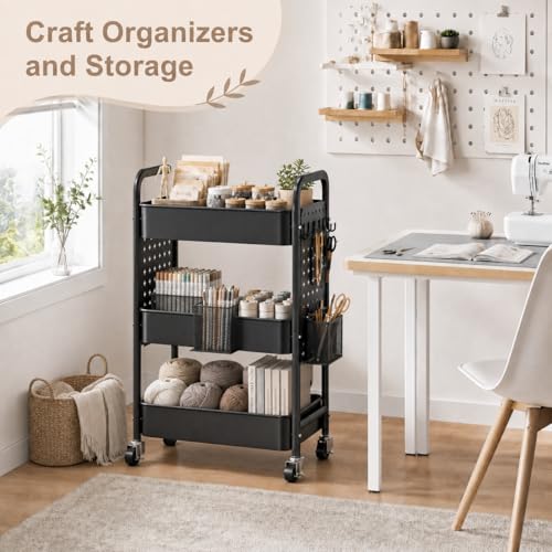3 Tier Rolling Cart Metal with DIY Pegboard, Black Three Tiered Art Supply Organizer Cart on Wheels, Storage Utility Hobby Carts for Craft, Snack, Diaper Caddy, Nail, Baby Essentials, Nail, Snack - color: Black, size: 3 Tier+Pegboard+Cups+Hooks