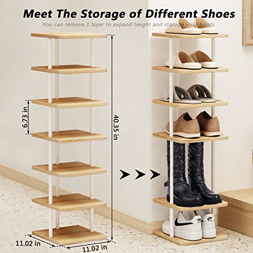 AZERPIAN Shoe Rack 7 Tier Vertical Storage Organizer Narrow Metal Slim Shelf Modern Free Standing Shoe Tower Saving Space for Closet Entryway Bedroom,White - color: White+sonoma Oak, size: 7 Tier