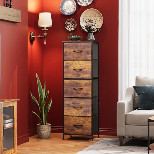 WLIVE Fabric Dresser for Bedroom, 5-Drawer Tall Dressers, Storage Organizer with Fabric Bins, Wood Top, Sturdy Steel Frame, Chest of Drawers for Closet, Hallway, Rustic Brown Wood Grain Print - color: Rustic Brown Wood Grain Print