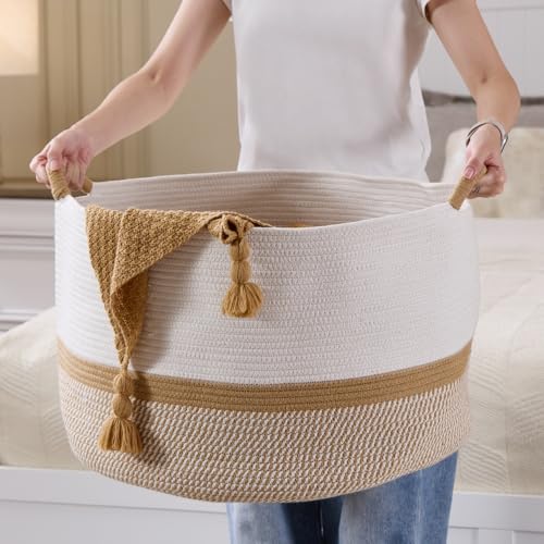 Luxury Little Extra Large Nursery Storage Basket, 20 x 20 x 13.8 inches - 100% Cotton Rope Baskets with Handles, Blanket Basket for Toys, Blankets & Pillows (Gradient Brown) - color: Gradient Brown
