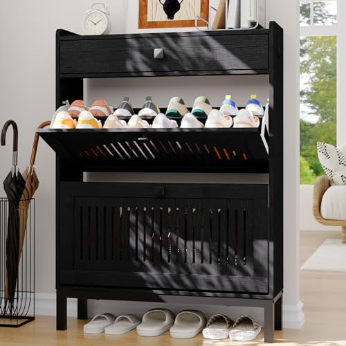 2-Door Flip Front Shoe Cabinet with Adjustable Shelves – Hidden Entryway Storage Organizer for Hallway, Foyer, Living Room – Freestanding Wooden Shoe Rack with Large Capacity & Modern Design, Black - color: Black, size: 9.45"D x 31.4"W x 43.4"H