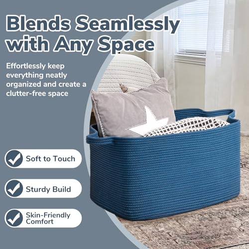 Goodpick Large Blanket Basket, Storage Baskets for Organizing, Rectangle Woven Basket for Clothes, Towels, Toy Baskets Storage Kids, 21.6" x 14.9" x 11.8" - color: Dark Blue, size: Large(21.6"L x 14.9"W x 11.8"H)