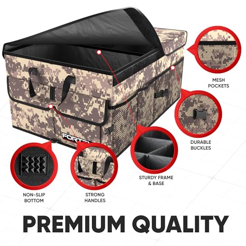 FORTEM Car Trunk Organizer - Collapsible Multi Compartment SUV Trunk Organizer, Non Slip Bottom, Adjustable Securing Straps, Soft Cover 50L (Desert, Standard) - color: Desert Camo, size: Medium (50L)
