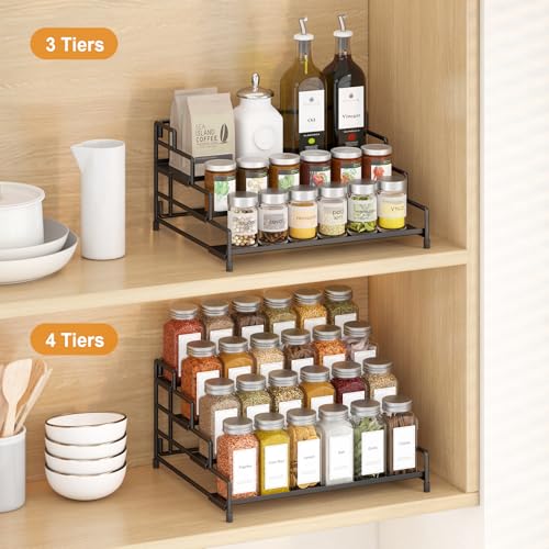 RUILALIFE 4-Tier-Spice-Rack-Organizer-for-Cabinet, Adjustable Depth Spice Holder Shelf For Countertop Pantry Cupboard, Metal Tiered Seasoning Organizer,Display Shelf Riser (Black-2 Pack) - color: Black-2 Pack