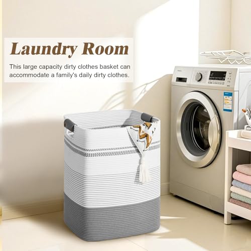 Laundry Hamper, 85L Tall Laundry Basket with Leather Handles, Rectangle Large Clothes Hamper for Organizing, Cotton Woven Laundry Baskets Storage Hampers for Bedroom, Nursery, Living Room - color: Grey, size: 85L