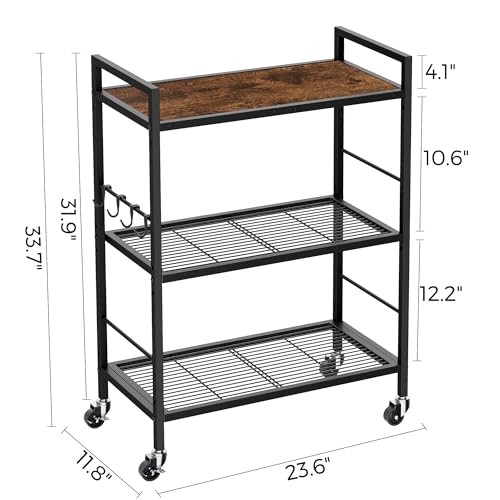 3-Tier Metal Storage Rack with Industrial Wheels,Mesh Shelving Unit with Wooden Table top,Adjustable Shelf,23.6-Inch Width,for Kitchen,Laundry,Pantry,Plant,Black - color: Brown Panel, size: 3 Tier (23.6"W x 11.8"D)