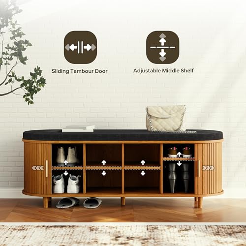 DHH 2-Tier Storage Bench,Wide Shoe Bench with Thickened Padded Seat Cushion, Mid Century Modern Fluted Sliding Door and Adjustable Shelf, for Entryway, Living Room, Bedroom (Yellow Walnut, 51.2”) - color: Yellow Walnut, size: 51.2 inch