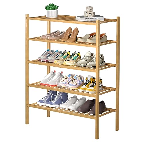 ROMGUAR CRAFT 5 Tier Bamboo Shoe Rack for Closet Free Standing Wood Shoe Shelf for Entryway Small Space Stackable 27"x11"x33" (Natural) - color: Natural, size: 5 tier