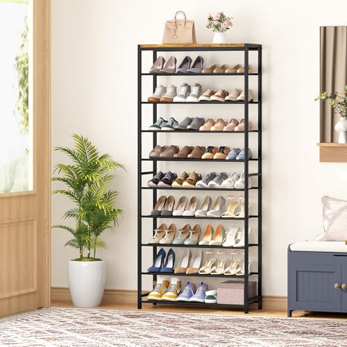HOMEFORT 10 Tiers Shoe Rack Organizer,30" Shoe Storage Shelf for Closet, Shoe Rack for Entryway,Holds 36-40 Pairs of Shoe, Tall Shoe Stand with Metal Shelves and MDF Top Board,Rustic Brown - color: Rustic Brown, size: 10-Tier (11.8"D x 30"W x 70.47"H)