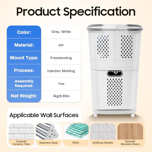 Removable Laundry Basket Organizer,3 Section Laundry Sorter with 4 Wheels,17.3×12.2×29.3in 2-Tier Divided Laundry Hamper with Wheels & Wall-Mountable Baskets,for Bedroom Laundry Room Bathroom