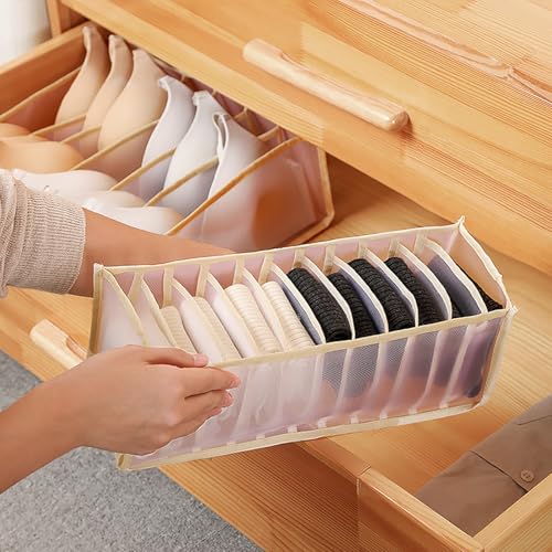 Underwear Storage Organizer, 7-Compartment Foldable Drawer Divider for Home, Closet, and Travel Use, Mesh Fabric Underwear Organizer Box (Off White) - color: 1 Off White
