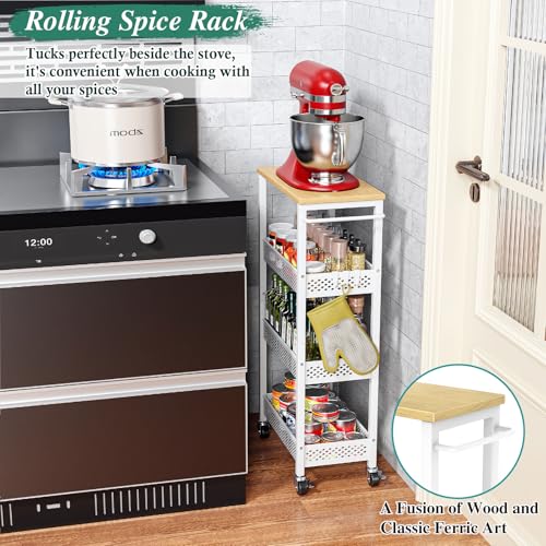 OKZEST Utility Slim Storage Cart, 4-Tier Narrow Bathroom Organizers and Storage Cart, Narrow Metal Kitchen Laundry Room Organization Shelf with Wood Top, Slim Rolling Carts with Wheels for Small Space - color: White, size: 9.1 inch wide