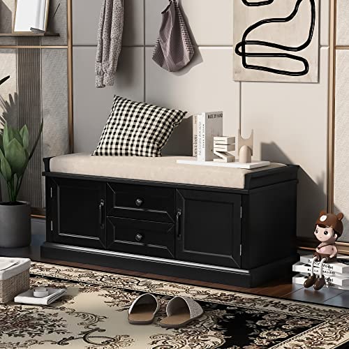 P PURLOVE Rustic Wood Storage Bench With 2 Cabinets and 2 Drawers, Removable Cushion for Bedroom, Hallway, Entryway - Assembly Required - color: Black, size: with 2 Drawers and 2 Cabinets