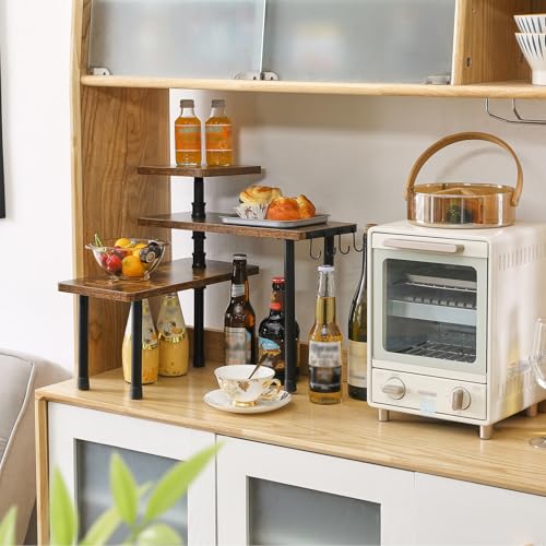 IBUYKE Kitchen Countertop Organizer,3-Tier Wooden Spice Racks,Bathroom Counter Organizer，Rotating Adjustable,4 Side Hooks,Corner Shelf for Kitchen,Coffee Bar, Cabinet, Desk,Rustic Brown,TLJ023H - color: Brown, size: 1 pack (Improved)