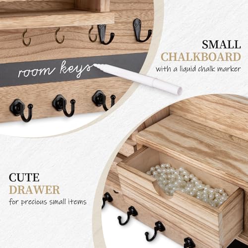 Nekon Key Holder Wall Mount, Rustic Mail and Keys Shelf for Wall Organization with 13 Hooks, Home Decor Accessory with Drawer, Wood - color: Wood