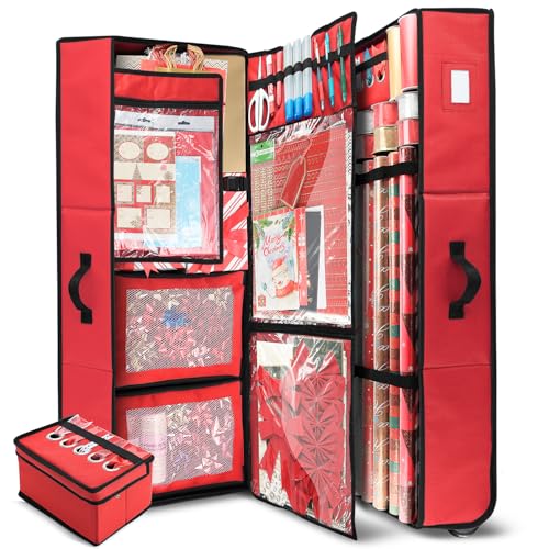 Hearth & Harbor Wrapping Paper Storage Container with Ribbon Dispenser and Interior Pockets - Large Christmas Storage Containers with Wheels, Fits 30 Rolls of 40" Length, Red - color: Red, size: Extra Large