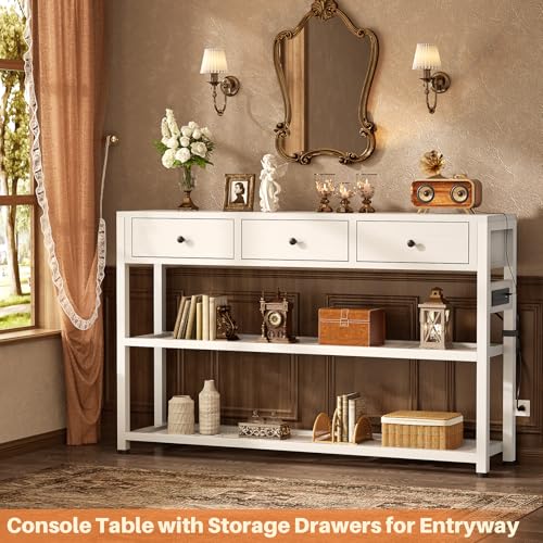 Ecoprsio 47'' Entryway Table with Outlets and USB Ports, Console Table with 3 Drawers, Sofa Table Narrow Long with Storage Shelves for Living Room, Couch, Hallway, Foyer, Kitchen Counter, White - color: White, size: 47-In