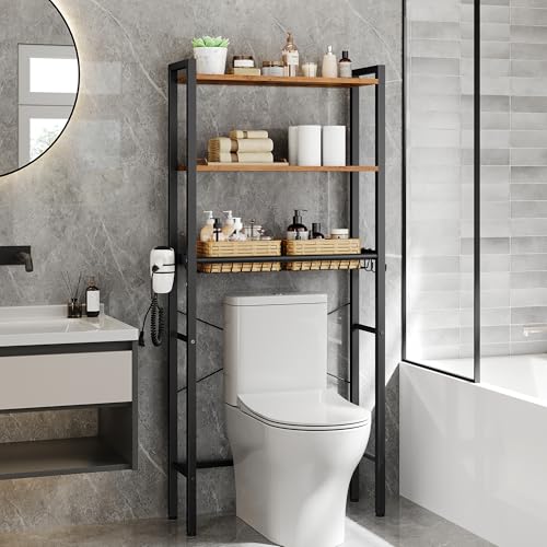 VASAGLE Over the Toilet Storage, Over Toilet Bathroom Organizer with Adjustable Shelves and Basket, 3 Hooks, Space Saving, 9.4 x 23.6 x 63 Inches, Rustic Brown UBTS113KD01S - color: Rustic Brown, style: 3 Tiers (63" H)