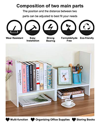 PAG Adjustable Desktop Shelf Wood Small Bookshelf Desk Supplies Organizers and Accessories Storage Display Rack Office Decor, White - color: White, size: Style 3