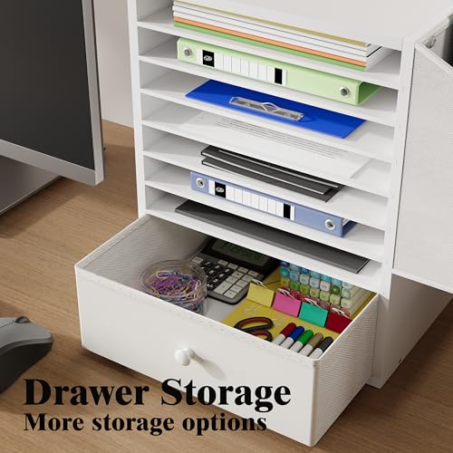 Unionly Wooden 12X12 Scrapbook Paper Organizer,7 Tier Adjustable Desktop File sorter with drawer,Craft&Stamp Cardstock Storage with Side Pocket&Name Slots for classroom,home offce，White - color: White, size: 7 Slots