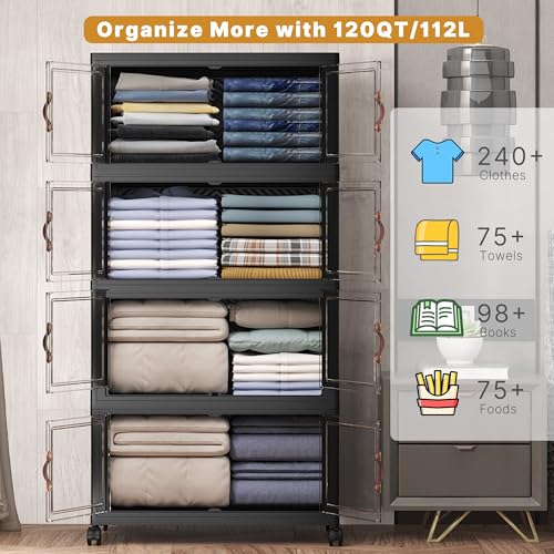 UAMFURI Extra Large Stackable Storage Bins with Lids & Wheels, 480QT-120QT/30GAL*4Pack Foldable Collapsible Closet Organizers Storage Cabinet with Doors for Bedroom Dorm - color: Black, size: 4PACK-25"W16"D58"H