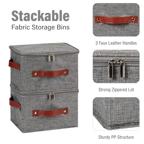 3PCS Storage Bins Boxes with Zippered Lids Cotton Linen Fabric Decorative Basket PU Leather Handles PP Plastic Board Foldable Lidded Clothing Shelf Closet Organizer Container (Gray, Small) - color: Gray, size: Small ( Pack of 3 )