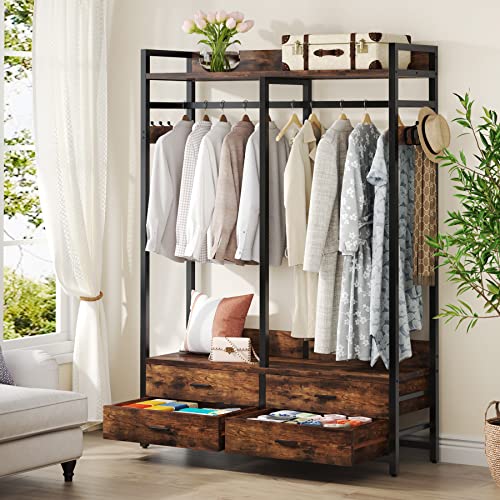 Tribesigns Freestanding Closet Organizer for Hanging Clothes, Heavy Duty Garment Rack with 4 Drawers, 8 Hooks and Storage Shelves, Wardrobe Closet Clothing Rack for Bedroom, Living Room, Rustic Brown - color: Rustic Brown