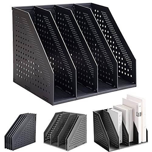Lemical Magazine Holder 4 Vertical Compartments Collapsible Magazine File Holder Space Saving Rack Home Kitchen Desk Organizer No Need Assemble (Black) - color: black - 4 parts