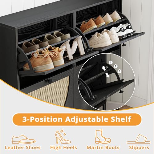 IRONCK Rattan Shoe Cabinet Storage with 4 Flip Drawers, Freestanding Shoe Storage Organizer Cabinet for Entryway, Narrow Shoe Rack Cabinet, Matte Black - color: Matte Black