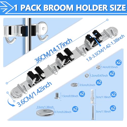 3-H Magnetic Broom Holder Wall Mount 1 Pack, 2-in-1 Dual Mount (No Drill or Screw Fix), 304 Stainless Steel Heavy Duty Magnet Mop Broom Organizer for Kitchen Garden Garage(3 Racks & 4 Hooks,Silver) - color: Silver, size: 1pc & 3R4H