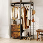 Heavy Duty Clothes Rack with 3 Drawers & LED Light, Garment Rack with 3 Shelves, Free Standing Wardrobe Organizer with 8 Hooks for Bedroom, Small Space, Garming Room（37.8"W x 66.93"H, Rustic Brown） - color: Rustic