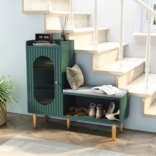 HLR Storage Bench with Glass Door&Shelf, Modern Entryway Shoe Cabinet Bench with Padded Seat, Green L-Shaped Storage Cabinet for Hallway, Bedroom, Living Room, Office - color: Green, size: 1Piece