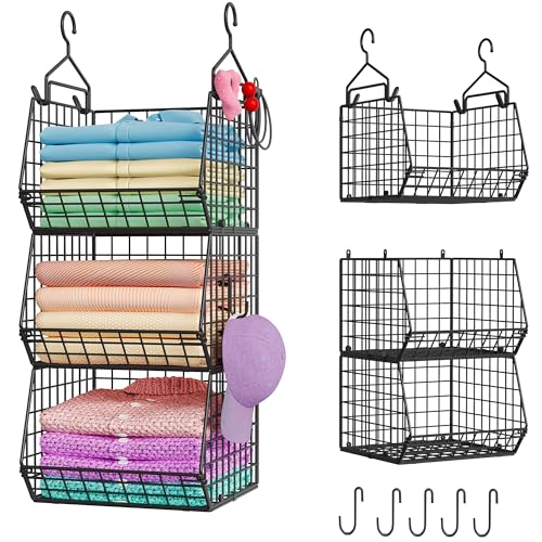X-cosrack 3-Tier Hanging Storage Organizer for Closet, Laundry & Utility Room | Space Saving Shelves with 1.65" Hook & 5 S-Hooks | Hanging Wire Baskets (12.4" W x 8.8" H x 10.24-11.8" D) - color: Black, size: 3-Tier