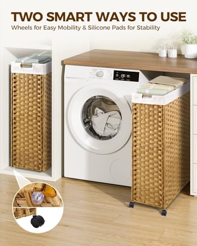 Greenstell Laundry Hamper with Wheels & Handles, 26.4 Gallon (100L) Slim Laundry Basket with 2 Removable Liner Bags & 2 Mesh Bags, Foldable Narrow Clothes Hamper for Bedroom, Bathroom, Closet, Natural - color: Natural, size: 100L (21.7 x 9.8 x 30.7 inches