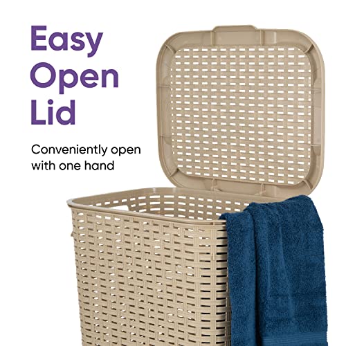 Plastic Laundry Hamper with Lid 3 Pack Laundry Hamper Basket, Beige Tall Cloths Hamper Organizer with Cut-out Handles. Space Saving for Laundry Room Bedroom Bathroom, Wicker Design 60 Liter - color: Beige, size: 3-pack
