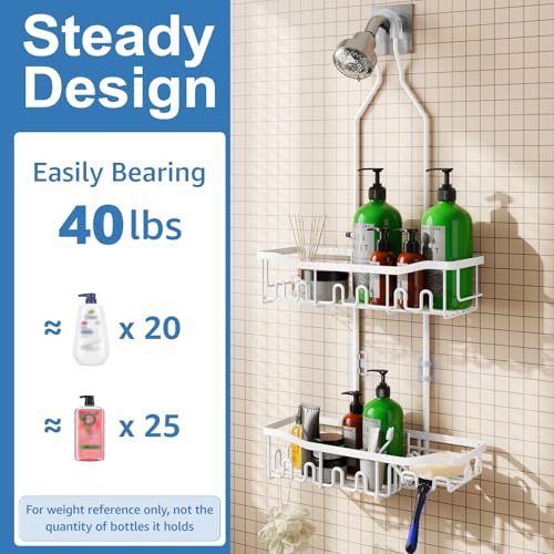 Upgraded Extended Length Shower Organizer with Hooks, Rustproof Shampoo Soap Holder, Large Hanging Bathroom Caddy - color: White - 2 Tier - Standard
