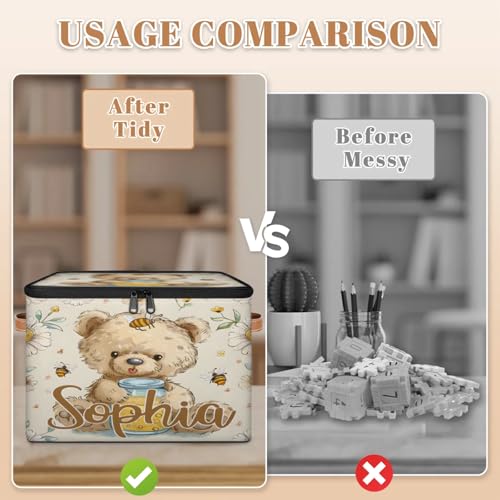 Custom Storage Basket with Name, Personalized Storage Bins with Zipper Lid, Foldable Fabric Storage Box Large capacity with Handle Flower Bee Bear - color: Option 20