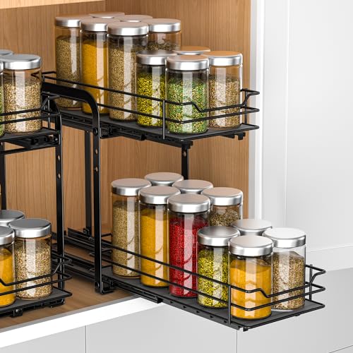 RCHYFEED Spice Organization for Cabinet, 2 Tier Pull Out Spice Rack for Seasoning Organizer, Height Adjustable Heavy Duty Metal Basket for Inside Cabinets & Pantry Closet(5.5" Wx10.5 Dx9.5 H) - size: 2 Tier-5.5''Wx10.5''Dx9.5''H