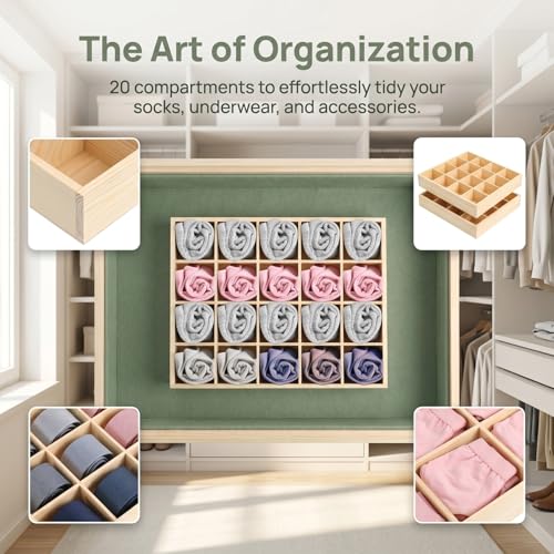 Underwear Storage Box with 20 Compartments Stackable Drawer Organizer for Socks Panties Bras and Small Clothing Accessories Space-Saving Sundries Container for Closet and Home