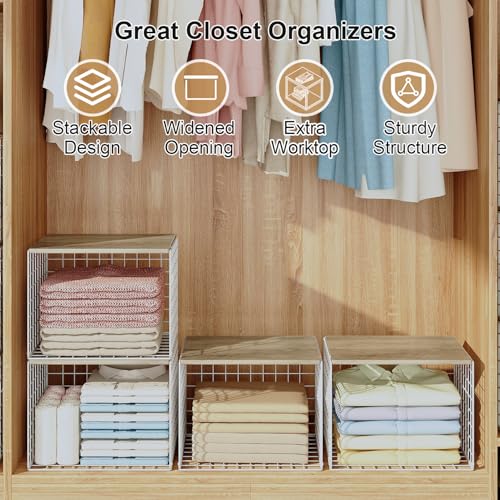 6 Pack Closet Organizers And Storage, Stackable Closet Shelf Organizer Storage Bin Basket For Clothes Sweaters With Top Board, Widened Opening, Heightened Height, Large Capacity, Sturdy, Space-saver - color: White, size: 6 Pack