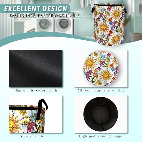 Colorful Hippie Peace Flowers Laundry Basket Foldable With Handles Tote Bag Oxford Cloth Funny Laundry Hamper Clothes Storage Bucket Toy Organizer For Bathroom/Laundry/Bedroom 18.9"x16.5 " - color: Colorful Hippie Peace Small Flowers Floral