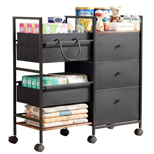 2-in-1 Baby Diaper Caddy Organizer and Storage-3 Tier Rolling Baby Cart with Dividers and Drawers, Baby Essentials for Nursery Storage, Mobile Utility Cart with Wheels Large Capacity Easy To Assemble