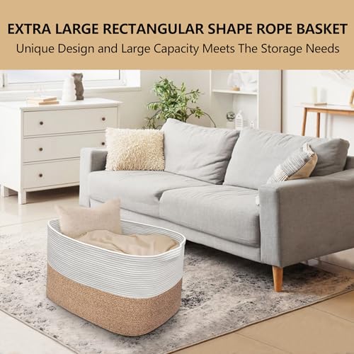 MEGASKET 108L Super Large Blanket Basket, 25" x 16" x 16" Woven Jumbo Basket for Blankets, Toys, Laundry, Extra Large Cotton Rope Pillow Holder Organizer, Entryway Shoes Bin, Living Room Storage - color: White & Brown, size: 25"x16"x16"